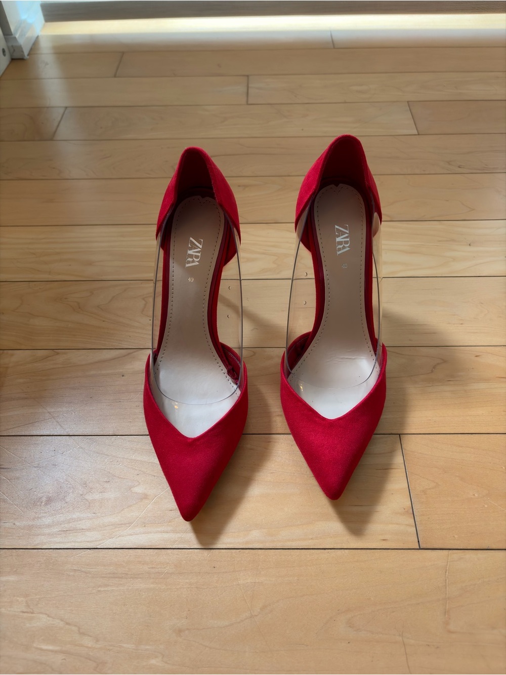 ZARA Red Pointed D'Orsay Pumps with Clear Side Panels